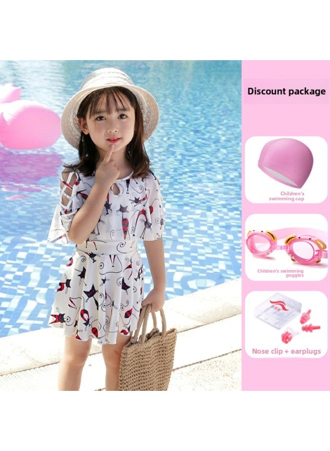 Parent-child Swimsuit Mother And Daughter Split Fashion Meat-covering Children's Swimsuit Girl Princess Dress Girl Hot Spring Swimsuit-Color:Children's Rice White Four-piece Set- - Image 1